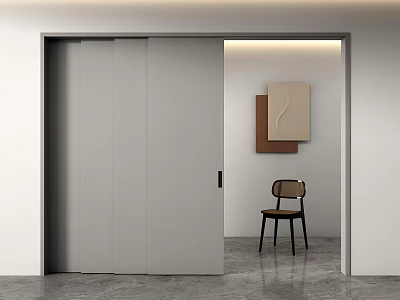Minimalist Interior Design Featuring Gray Sliding Door Wooden Chair And Wall Art 3d model