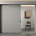 Minimalist Interior Design Featuring Gray Sliding Door Wooden Chair And Wall Art