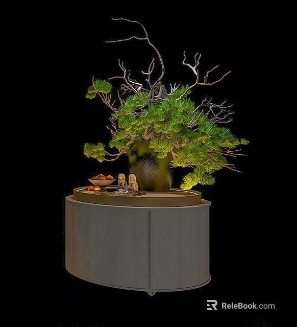 Stylish Vase With Lush Green Foliage And Decorative Branches On Round Stand 3d model 