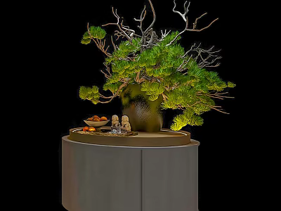Stylish Vase With Lush Green Foliage And Decorative Branches On Round Stand 3d model