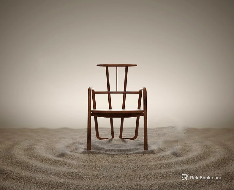Wooden Chair Placed On Sandy Surface With Ripple Patterns And Gray Backdrop 3d model 