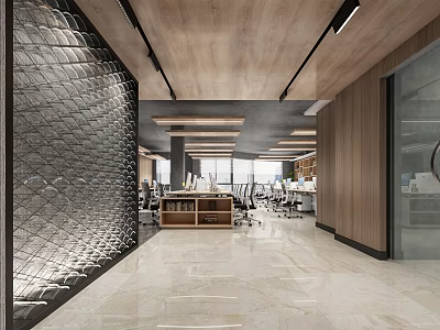 Modern Public Office Space Interior With Wooden Ceiling Marble Floor Workstations And Office Chairs 3d model