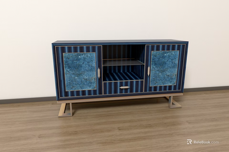 Modern Blue Striped Sideboard With Wooden Stand Legs And Open Shelf 3d model 