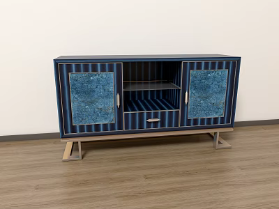 Modern Blue Striped Sideboard With Wooden Stand Legs And Open Shelf 3d model