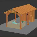 Wooden Pavilion Model Structure with Orange Roof Supporting Columns and Light Colored Base