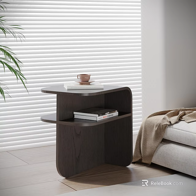 Modern Layered Wooden Side Table Holding Coffee Cup and Book in Living Room with Sofa 3d model 