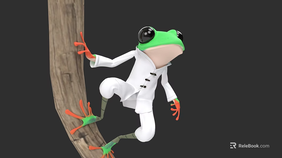 Green Cartoon Frog Character With Black Eyes In White Lab Coat Clinging To Wooden Branch 3d model 