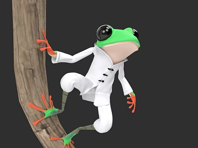 Green Cartoon Frog Character With Black Eyes In White Lab Coat Clinging To Wooden Branch 3d model