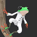 Green Cartoon Frog Character With Black Eyes In White Lab Coat Clinging To Wooden Branch
