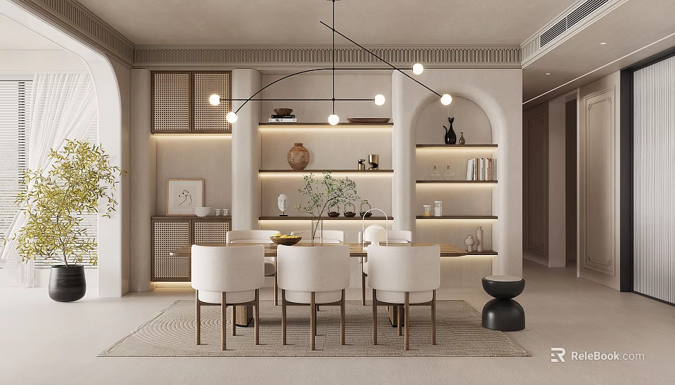 Modern Restaurant Interior With Open Layout Dining Table Chairs Pendant Lights And Decorative Shelves 3d model 