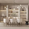 Modern Restaurant Interior With Open Layout Dining Table Chairs Pendant Lights And Decorative Shelves