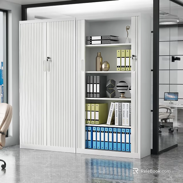 White Office File Cabinet with Multiple Shelves Folders Books and Decorations 3d model 