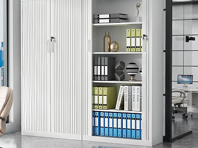 White Office File Cabinet with Multiple Shelves Folders Books and Decorations 3d model