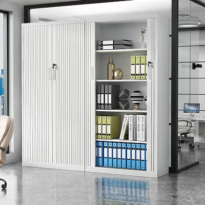 White Office File Cabinet with Multiple Shelves Folders Books and Decorations 3d model