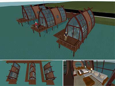 Floating Waterfront Bungalows With Curved Glass Roofs And Wooden Deck Interiors 3d model