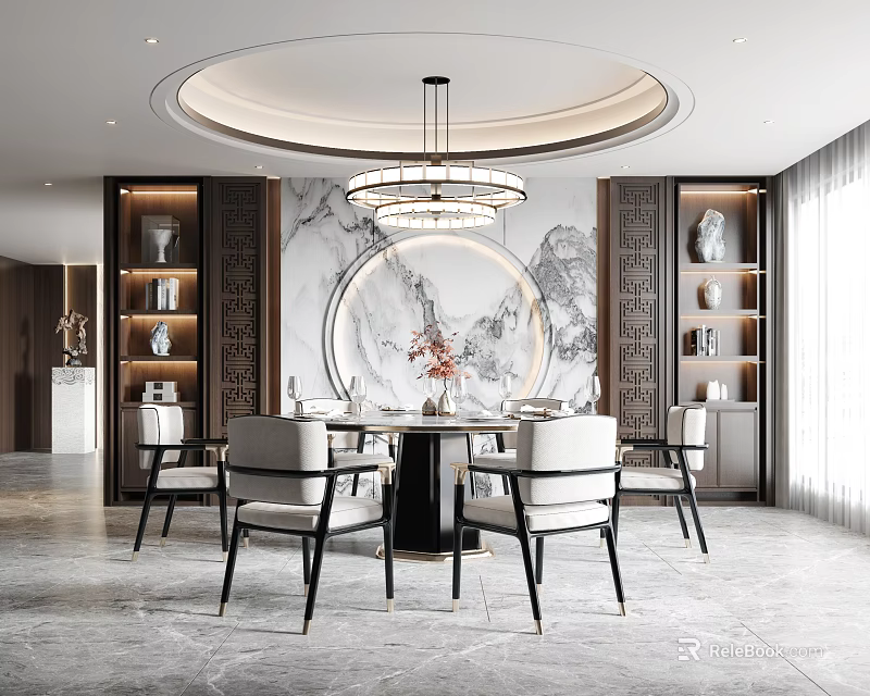 Elegant Light Luxury Restaurant Interior With Dining Table Chairs Chandelier And Patterned Wall 3d model 