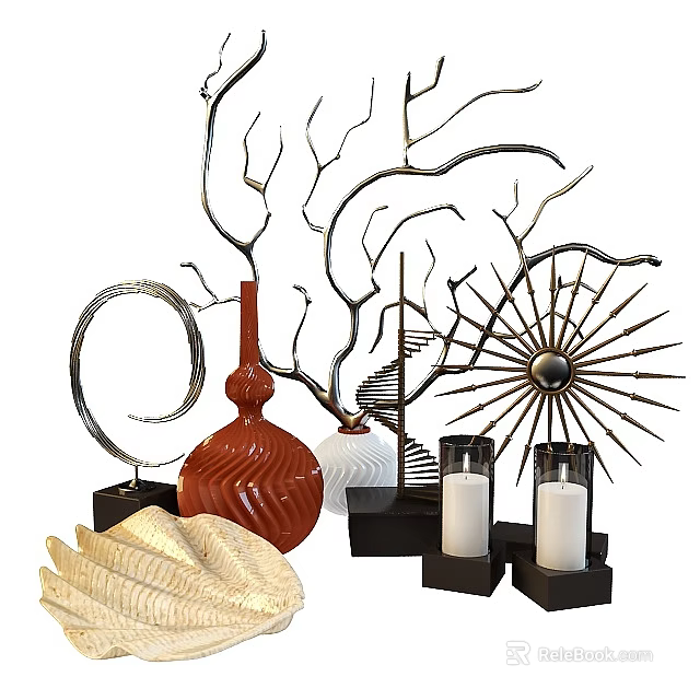 Modern Artistic Decorative Ornaments Set With Metal Branch Vases Candle Holders And Fan Shaped Decor 3d model 