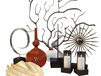 Modern Artistic Decorative Ornaments Set With Metal Branch Vases Candle Holders And Fan Shaped Decor 3d model