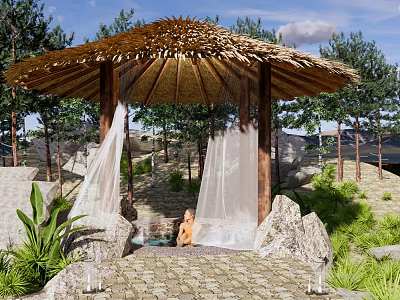 Outdoor Thatched Roof Pavilion With Hot Tub Transparent Curtains And Natural Surroundings 3d model