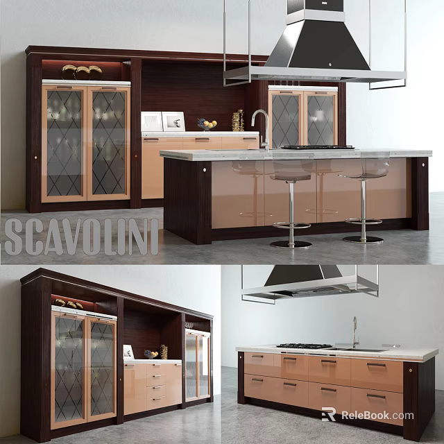 Modern Kitchen Interior With Glass Door Cabinets And Wooden Island Countertop 3d model 