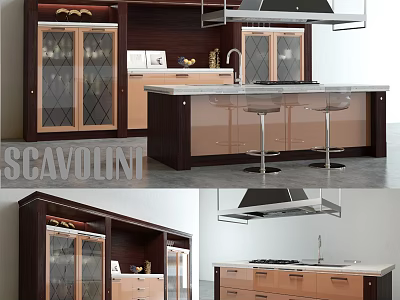 Modern Kitchen Interior With Glass Door Cabinets And Wooden Island Countertop 3d model