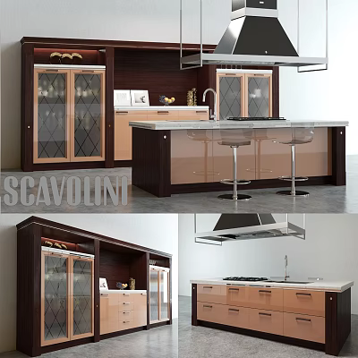 Modern Kitchen Interior With Glass Door Cabinets And Wooden Island Countertop 3d model