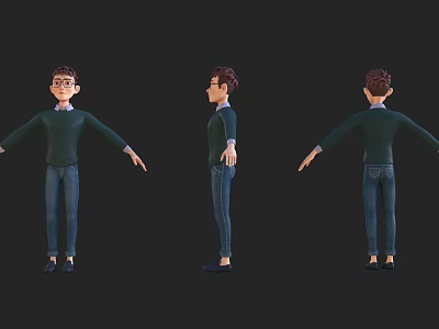 3D Model Man Wearing Green Sweater Blue Jeans Front Side Back Views on Black Background 3d model