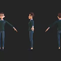 3D Model Man Wearing Green Sweater Blue Jeans Front Side Back Views on Black Background