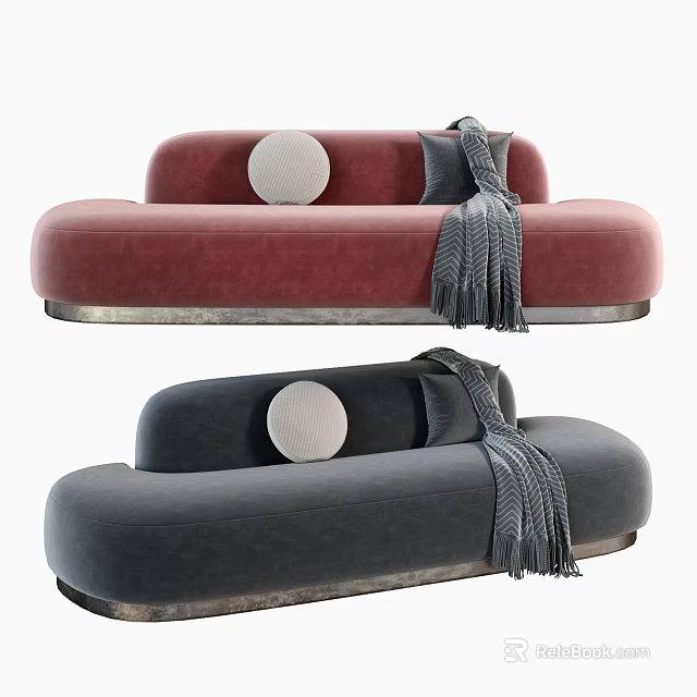 Modern Sectional Sofa Red And Grey With Circular Pillow And Tassel Blanket Contemporary Design 3d model 