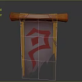 Fantasy Banner Decoration With Wooden Scrolls Purple Fabric Tattered Edges And Red Symbol