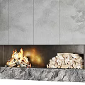 Modern Fireplace With Gray Panel Stone Base Burning Fire And Firewood 3d model