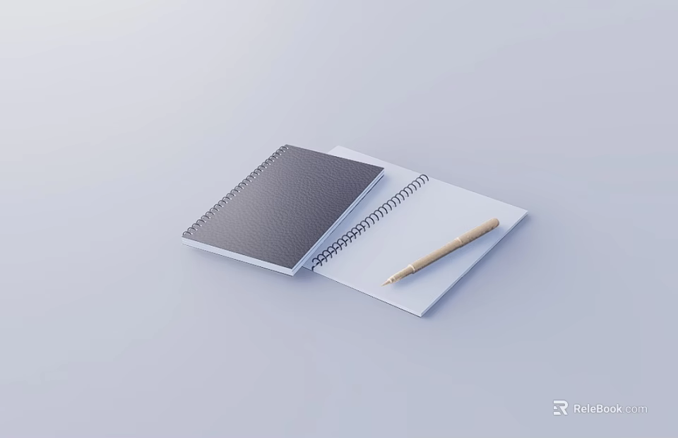 Open Spiral Notebook with Gray Cover and Golden Pen on Inner Page on White Background 3d model 