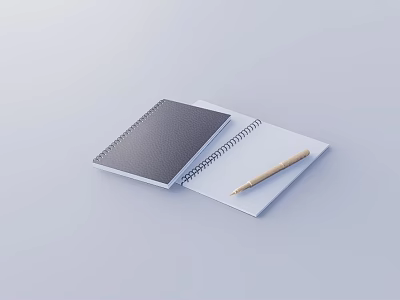 Open Spiral Notebook with Gray Cover and Golden Pen on Inner Page on White Background 3d model