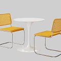 Modern Round White Table With Yellow Woven Chairs And Metal Frames 3d model
