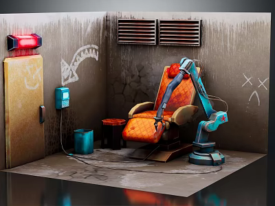 Industrial Recliner Chair With Robotic Arm Graffiti Wall And Damp Floor Setting 3d model