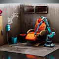 Industrial Recliner Chair With Robotic Arm Graffiti Wall And Damp Floor Setting