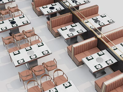 Modern Dining Table Set With Booth Seating Chairs Plates And Cups 3d model