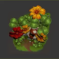 Vibrant Red And Yellow Flowers Around Mushroom House With Green Grass And Pathway