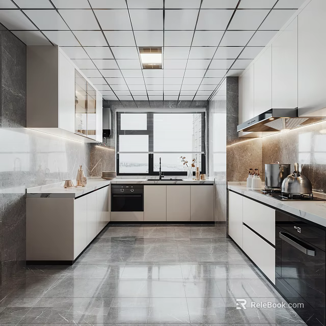 Modern Kitchen Interior Design With White Cabinets Window Countertop And Appliances 3d model