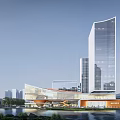 Contemporary Office Complex With Glass Curtain Walls And Urban Street Pedestrians At Dusk