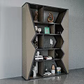 Modern Geometric Bookcase With Decorative Sculptures Books And Neutral Tones Design