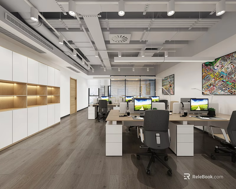 Modern Public Office Space Interior With Workstations Computers And Ergonomic Chairs 3d model