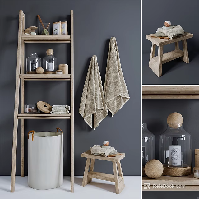 Washstand Space With Gray Wall Beige Towels Wooden Shelf Small Stool And Decorative Storage 3d model 