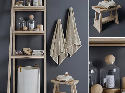 Washstand Space With Gray Wall Beige Towels Wooden Shelf Small Stool And Decorative Storage 3d model