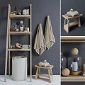 Washstand Space With Gray Wall Beige Towels Wooden Shelf Small Stool And Decorative Storage