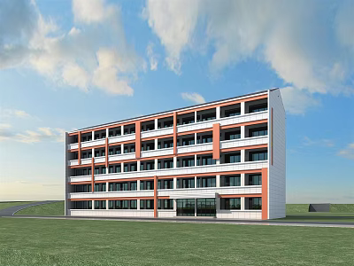 Modern Multi Story School Building With Orange And White Exterior Green Lawn And Blue Sky 3d model