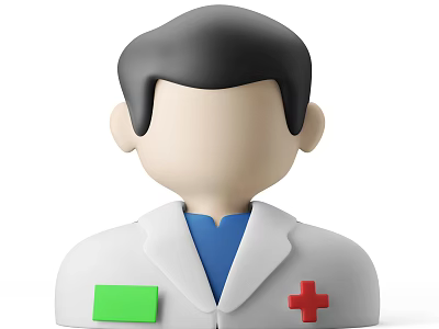 Man Dressed In White Doctor Coat Featuring Red Cross And Green Name Tag 3d model