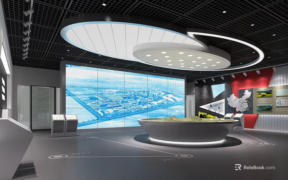 Modern Exhibition Hall Interior With Large Screen City Map And Circular Display Table 3d model