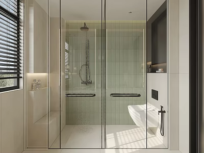 Modern Bathroom Interior With Glass Shower Light Green Tiles And White Sink 3d model