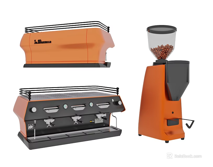 Orange And Black Kitchen Appliances Featuring Espresso Machine And Coffee Grinder 3d model